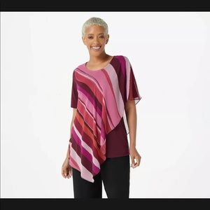 Susan Graver Liquid Knit Top with Printed Woven Overlay-Berry 3X